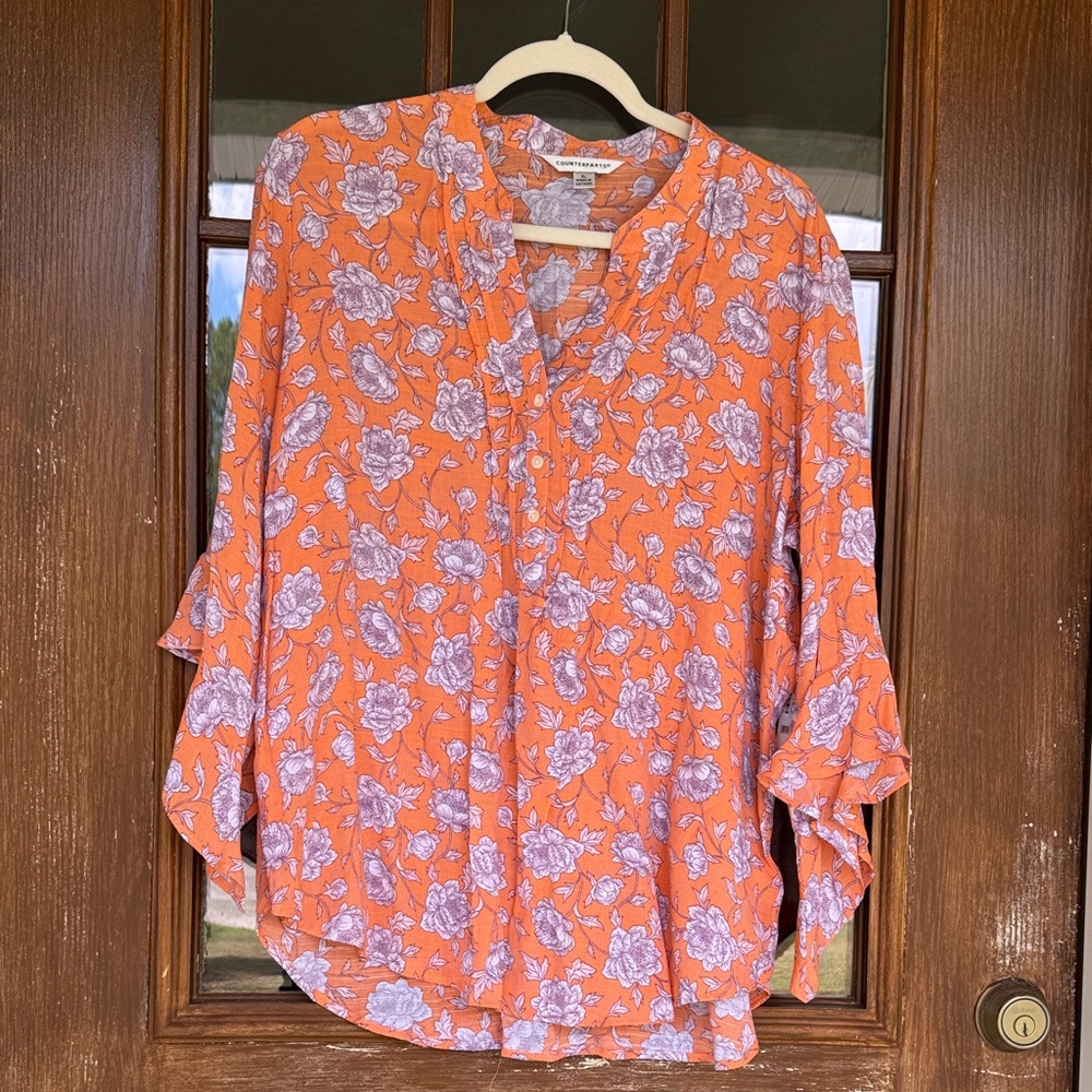 Counterparts Orange Floral Button-Up Blouse